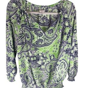 Liz Claiborne Green & Black Paisley Cowl Neck Peasant Blouse Shirred Hem Top LG
